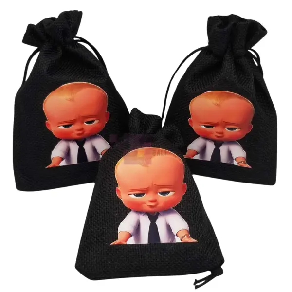 Boss Baby Jute Bags - 5 Inch x 4 Inch - Jute Bags - Boss Baby Theme - Black - Pack Of 5