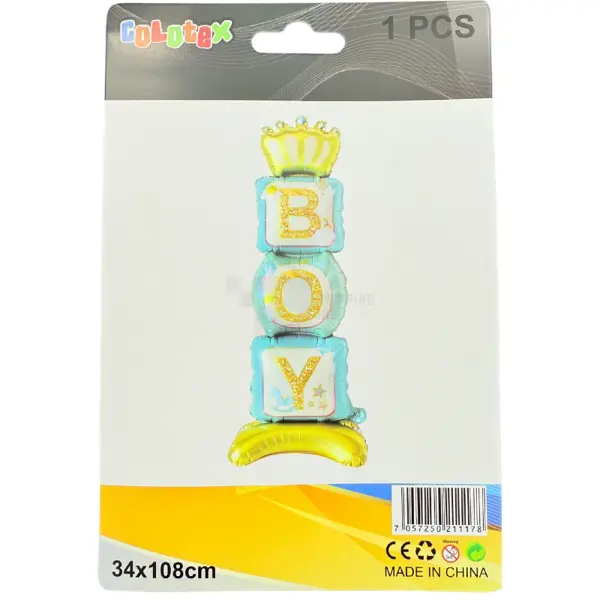Boy Standing Foil Balloon - 34 Cm x 108 Cm - Foil Balloons - Blue And Golden - Boy - Pack Of 1