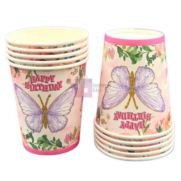 Butterfly Cups - 200 ml - Butterfly Themed Party - Pink - Girls - Pack Of 10