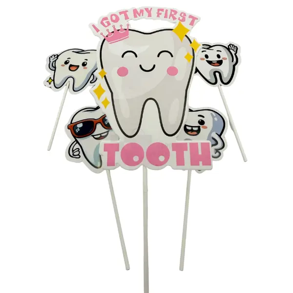  I Got My First Tooth Cake Toppers - Cake Toppers - Pink - Girls - Pack Of 5