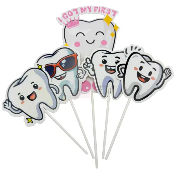  I Got My First Tooth Cake Toppers - Cake Toppers - Pink - Girls - Pack Of 5