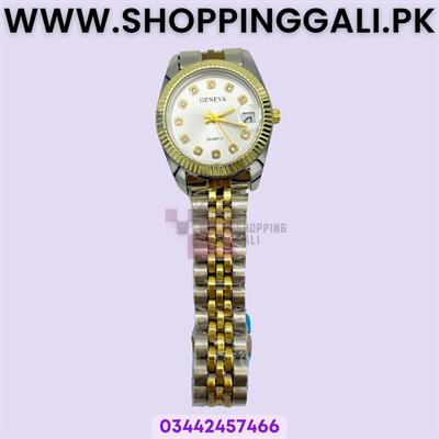 Elegant Two-Tone Men's Wristwatch - Geneva Quartz with Crystal Dial