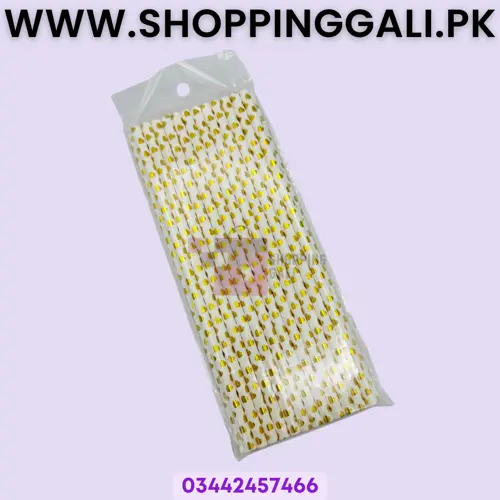White Paper Straws With Golden Hearts - Pack Of 25