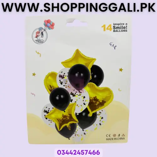 Balloon Party Set - 16 Inch - Balloon Decoration Items - Golden Black Transparent - Pack Of 14