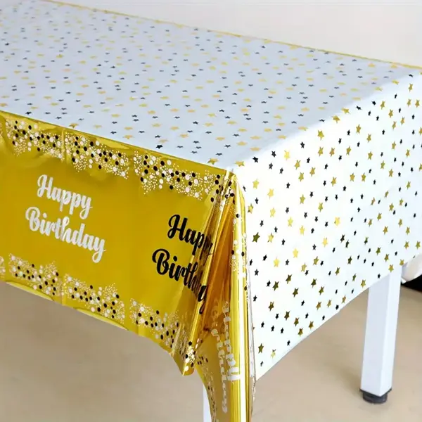 Happy Birthday Fancy Table Cover - 54 Inch x 72 Inch - Table Cover - Golden And White - Unisex - Pack Of 1
