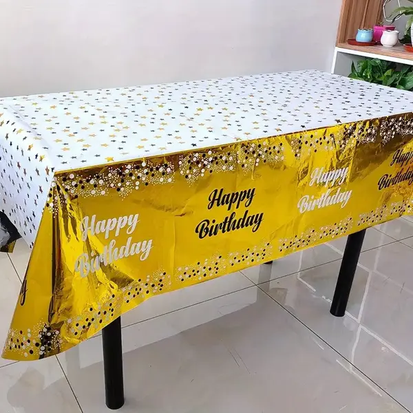 Happy Birthday Fancy Table Cover - 54 Inch x 72 Inch - Table Cover - Golden And White - Unisex - Pack Of 1