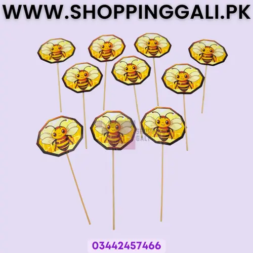 Honeybee Cake Topper - 8 Inch Height - Cake Decor - Yellow Black - Pack Of 10