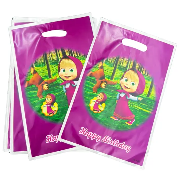 Masha And The Bear Goody Bags - 10 inch x 6.5 inch - Party Favor Bags - Purple - Pack Of 10