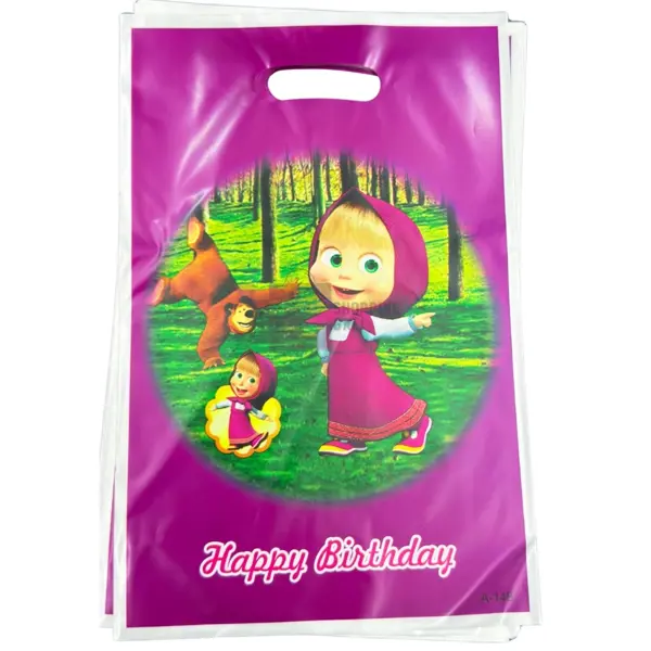 Masha And The Bear Goody Bags - 10 inch x 6.5 inch - Party Favor Bags - Purple - Pack Of 10
