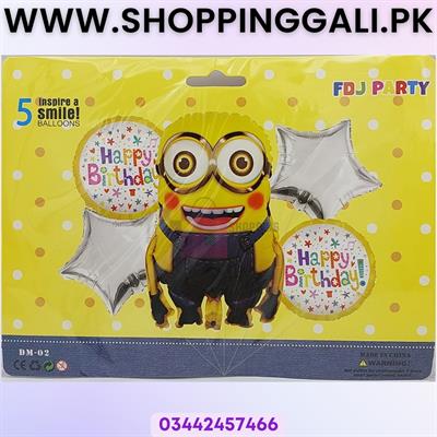 Minions Foil Balloon Set With Silver Stars - 18 Inch Size - Foil Balloons - Yellow Color - Pack Of 5 Foil Balloons