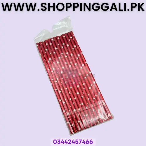 Red Paper Straws With White Stars - Pack Of 10