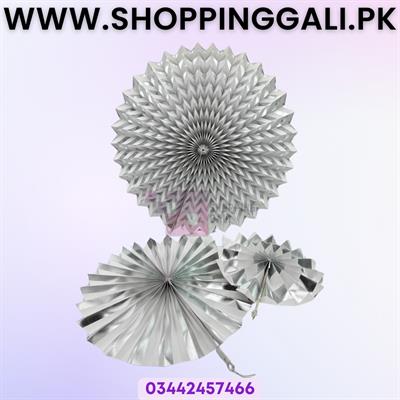 SILVER COLOR PAPER FANS - PACK OF 3 PAPER FANS - 3 SIZE PAPER FAN SILVER THEME
