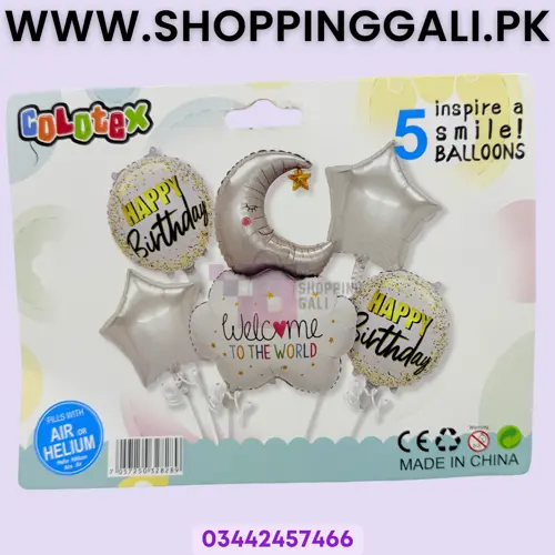Welcome To The World Foil Balloon Set - 18 Inch 22 Inch - Balloon Decoration Items - Silver - Pack Of 5