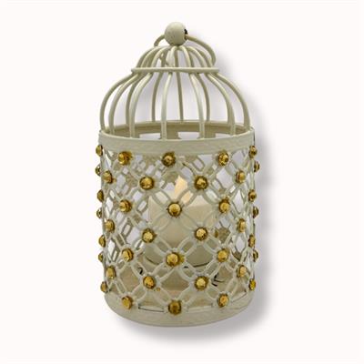 WHITE METAL CAGE WITH ROSE GOLD ACCENTS & LED CANDLES
