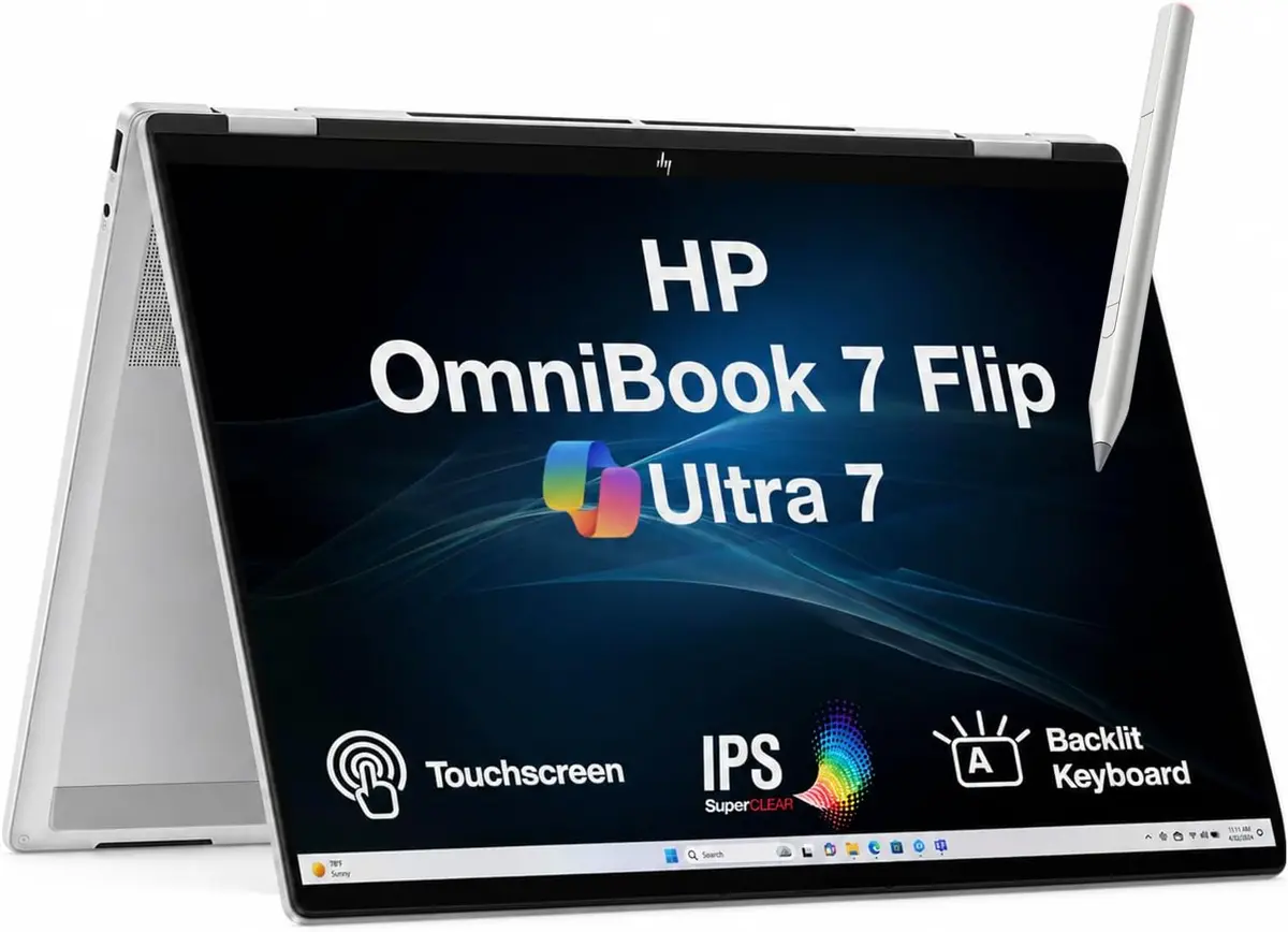 HP OmniBook 7 Flip 16 inch 2-in-1 Next Gen AI 16T-AU000 Laptop Intel Core Ultra 7 256V, 16GB DDR5, 512GB SSD, Intel Arc Graphics 140V, 16" WUXGA IPS Touch Screen, Windows 11 Home, Glacier Silver, HP Pen included