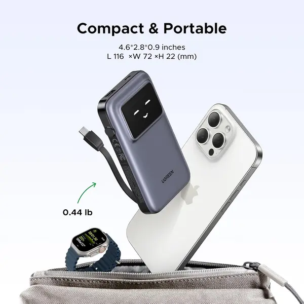 UGREEN 10000mAh 30W Built-in Cable Power Bank, 35604B 