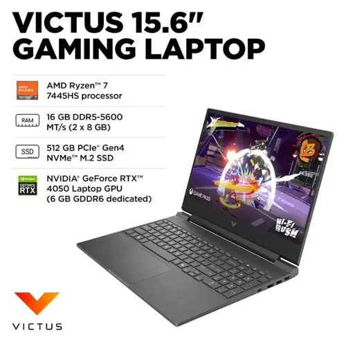 HP Victus 15-FB3093DX Gaming Laptop AMD Ryzen 7-7445HS, 16GB DDR5, 512GB SSD, NVIDIA RTX 4050 6GB Graphics, 15.6" FHD IPS 144Hz, Windows 11 Home, Mica Silver