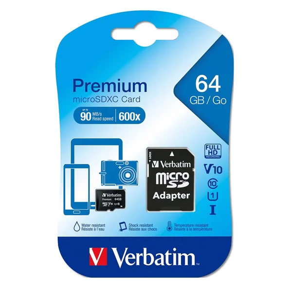 Verbatim 64GB Premium microSDHC Memory Card With Adapter