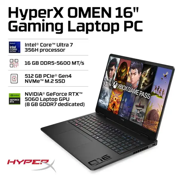 HyperX HP Omen 16-AM2013DX Gaming Laptop Intel Core Ultra 7 356H, 16GB DDR5, 512GB SSD, NVIDIA RTX 5060 8GB Graphics, 16" WUXGA IPS 165Hz, Windows 11 Home, Shadow Black