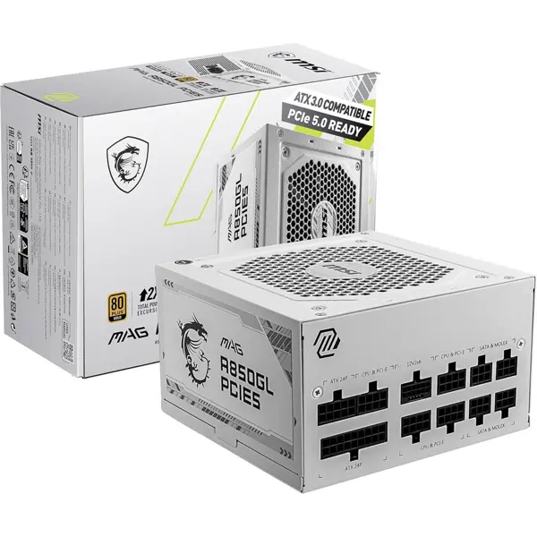 MSI MAG A850GL PCIe5 850W 80 PLUS Gold Fully Modular Power Supply — White