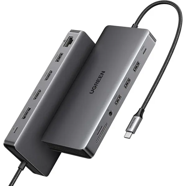 UGREEN 15978 Revodok Pro 313 13 in 1 USB Type C Docking Station, Dual HDMI 4K60Hz, DisplayPort 4K60Hz, USB 3.2, Gigabit LAN, PD, SD MicroSD
