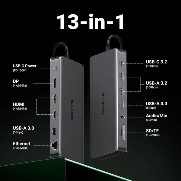 UGREEN 15978 Revodok Pro 313 13 in 1 USB Type C Docking Station, Dual HDMI 4K60Hz, DisplayPort 4K60Hz, USB 3.2, Gigabit LAN, PD, SD MicroSD