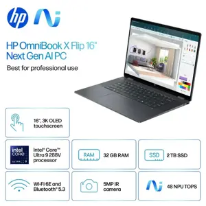 HP Omnibook X Flip X360 16-AS0043DX Laptop Intel Core Ultra 9-288V, 32GB DDR5, 2TB SSD, Intel Arc 140V Graphics, 16" 3K OLED Touch Screen, Windows 11 Home, Eclipse Grey