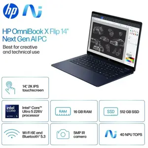 HP Omnibook X Flip X360 14-FM0013DX 2 in 1 Laptop Intel Core Ultra 5 226V, 16GB DDR5, 512GB SSD, Intel Arc 130V Graphics, 14" 2K OLED IPS Touchscreen, Windows 11 Home, Atmospheric Blue