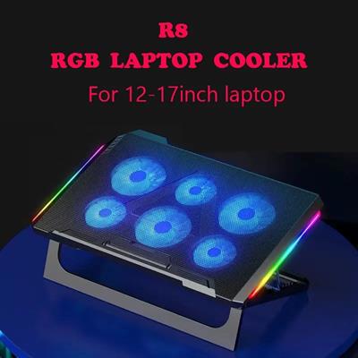 R8 MAX Six Fan Gaming Laptop Cooler Two USB Port RGB Lighting Laptop Cooling Pad Notebook Stand for 12-17 inch Laptop