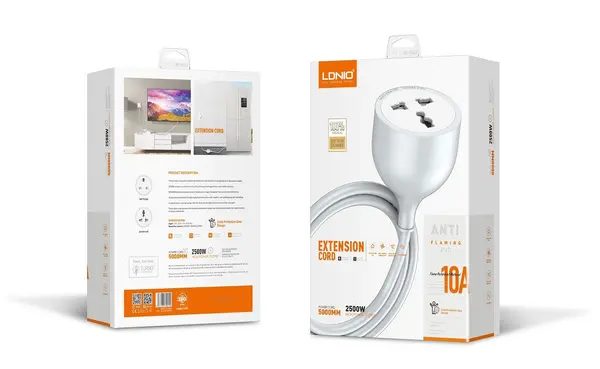 LDNIO SC1017 2500W Extension Cord with Universal Power Socket – 5 Meter, White, EU Plug