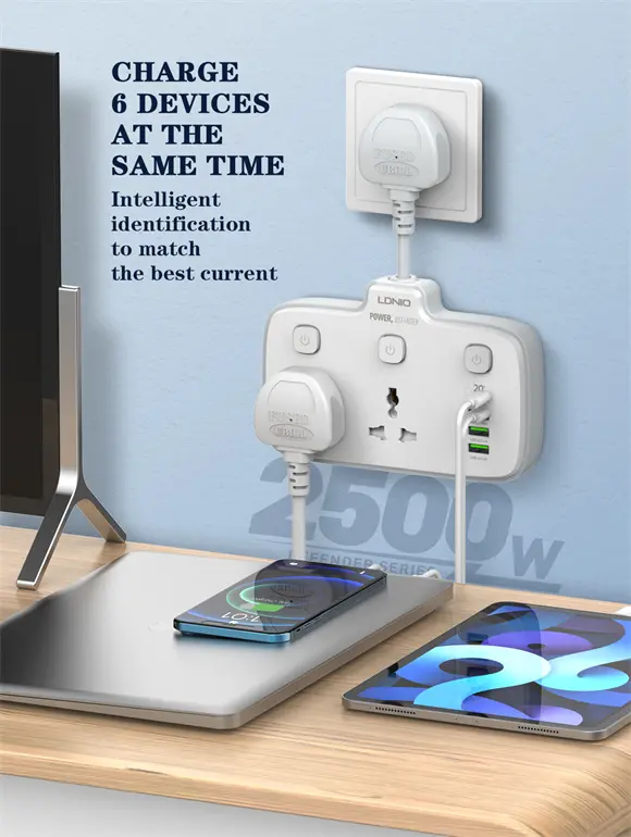 LDNIO SC2413 2-Outlet Portable Power Socket with 4 USB Ports – 20W PD Fast Charging
