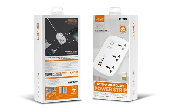 LDNIO SC3416 3-Outlet Power Strip with 4 USB Ports – 65W GaN Fast Charging
