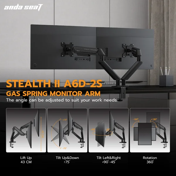 AndaSeat Stealth II Duo AD-W-A6D-2S-BW Dual Monitor Arm – 17–32" Ergonomic Gas Spring Mount