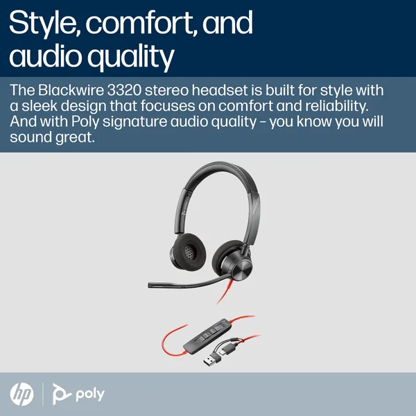 Poly Blackwire 3320 Stereo Microsoft Teams USB-C Headset with USB-C/A Adapter (214013-101)