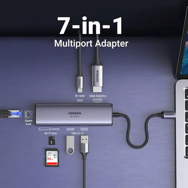 UGREEN 60515 Revodok 7-in-1 USB-C Hub 4K@60Hz HDMI 100W PD 