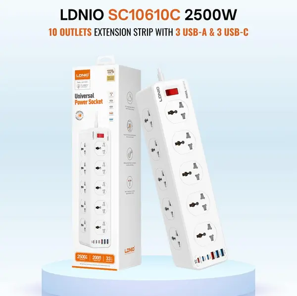 LDNIO SC10610C 2500W Power Strip – 10 Universal Outlets, 6 USB Ports, 33W PD