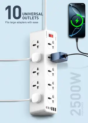 LDNIO SC10610C 2500W Power Strip – 10 Universal Outlets, 6 USB Ports, 33W PD