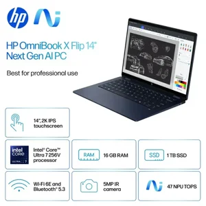 HP OmniBook X Flip 14-FM0023DX Laptop | Intel Core Ultra 7 256V - 16GB DDR5 - 1TB SSD - 14" 2K Touchscreen x360 Display, Atmospheric Blue