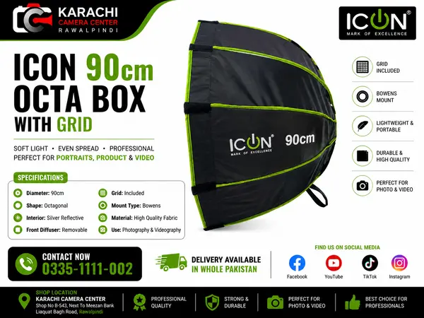Icon 90cm Bowens Mount Octa Soft Box With Honey Comb Grid