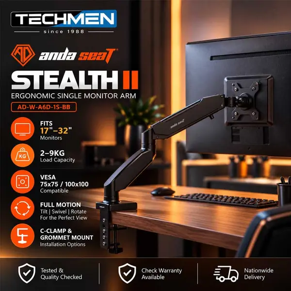 Anda Seat Stealth II A6D Ergonomic Single Monitor Arm - Black (AD-W-A6D-1S-BB)
