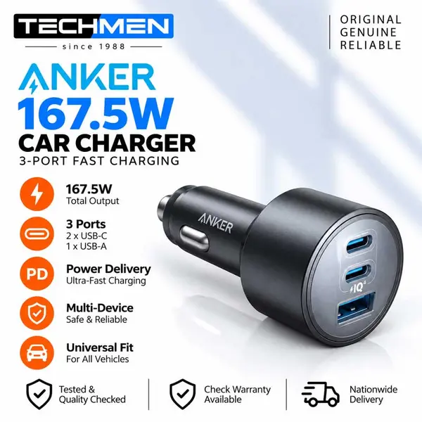 Anker A2737 Nano 167.5W 3-Port Car Charger – USB-C Fast Charging