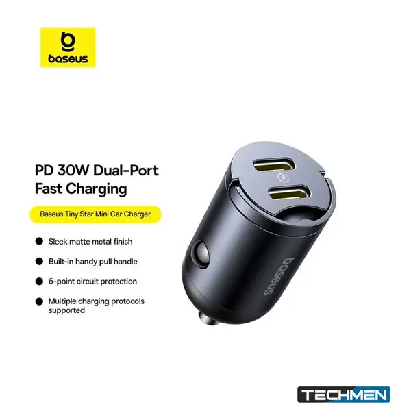 BASEUS Tiny Star Mini Quick Charge Car Charger USB + Type-C 30W Gray (C00035001121-02)