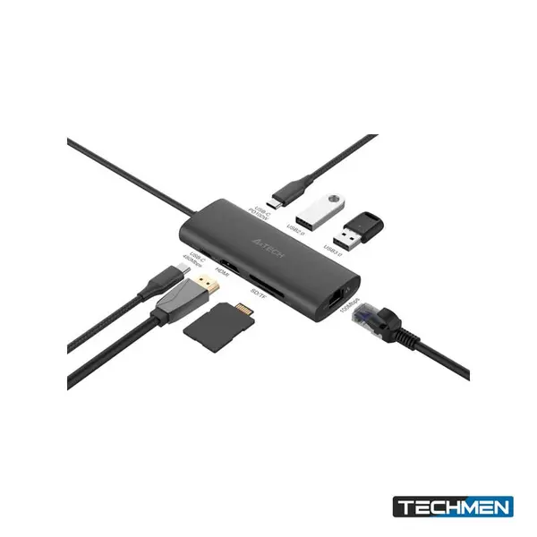 A4Tech 8-IN-1 Docking Station Ash Grey (HDMI + USB 2.0 + USB 3.0 + SD + TF + USB-C + LAN + USB-C PD 100W)