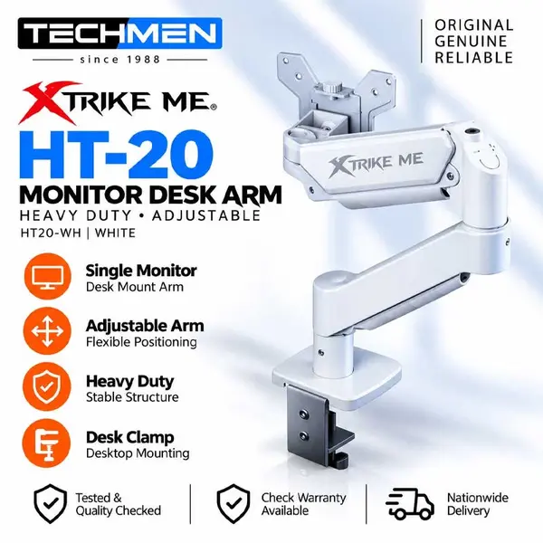 Xtrike Me HT-20 Heavy Duty Adjustable Single Monitor Desk Mount Arm - White (HT20-WH)