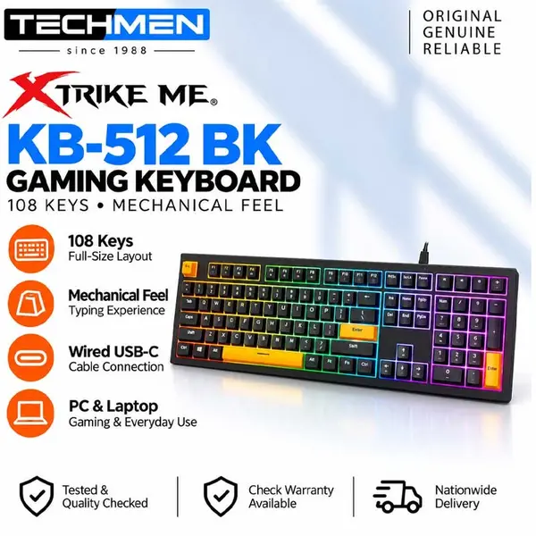 Xtrike Me KB-512 BK 108-Key Wired Mechanical Feel USB-C Keyboard – Black Gaming Keyboard for PC & Laptop