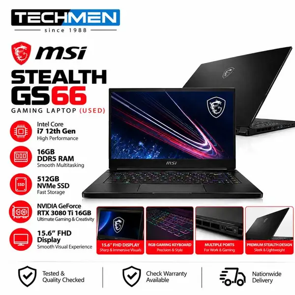 MSI Stealth GS66 Core i7 12th Gen 16GB RAM 512GB SSD 15.6″ RTX 3080 Ti 16GB Gaming Laptop (USED)