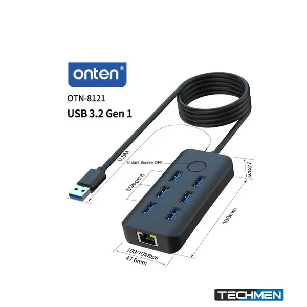 ONTEN 8121 7-in-1 USB 3.2 Gen 1 Hub with 6× USB 3.0 Ports & RJ45 Ethernet