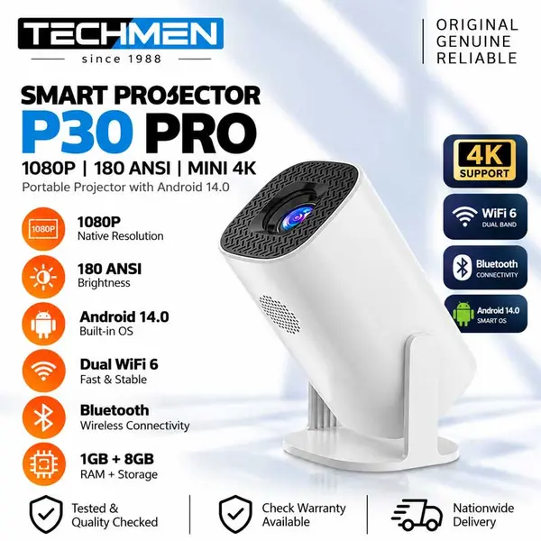 Smart Projector P30 Pro 1080P 180 ANSI Mini 4K Android 14.0 Dual WiFi 6 & Bluetooth 1GB+8GB Portable Projector