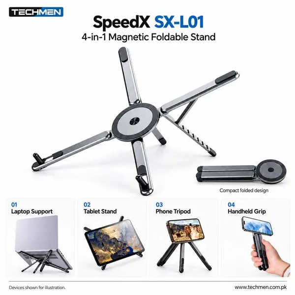 SpeedX SX-L01 4-in-1 Magnetic Foldable Stand – Aluminum Alloy Multi-Device Holder