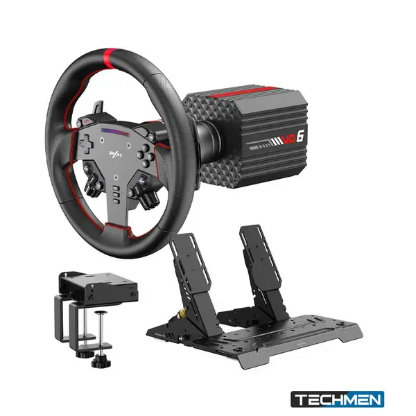 PXN VD6 Bundle Direct Drive Racing Wheel Base with W AS Steering Wheel, PD HM Brake & Throttle Pedals and Z8 Table Clamp, Compatible with PC (VD6 Bundle)